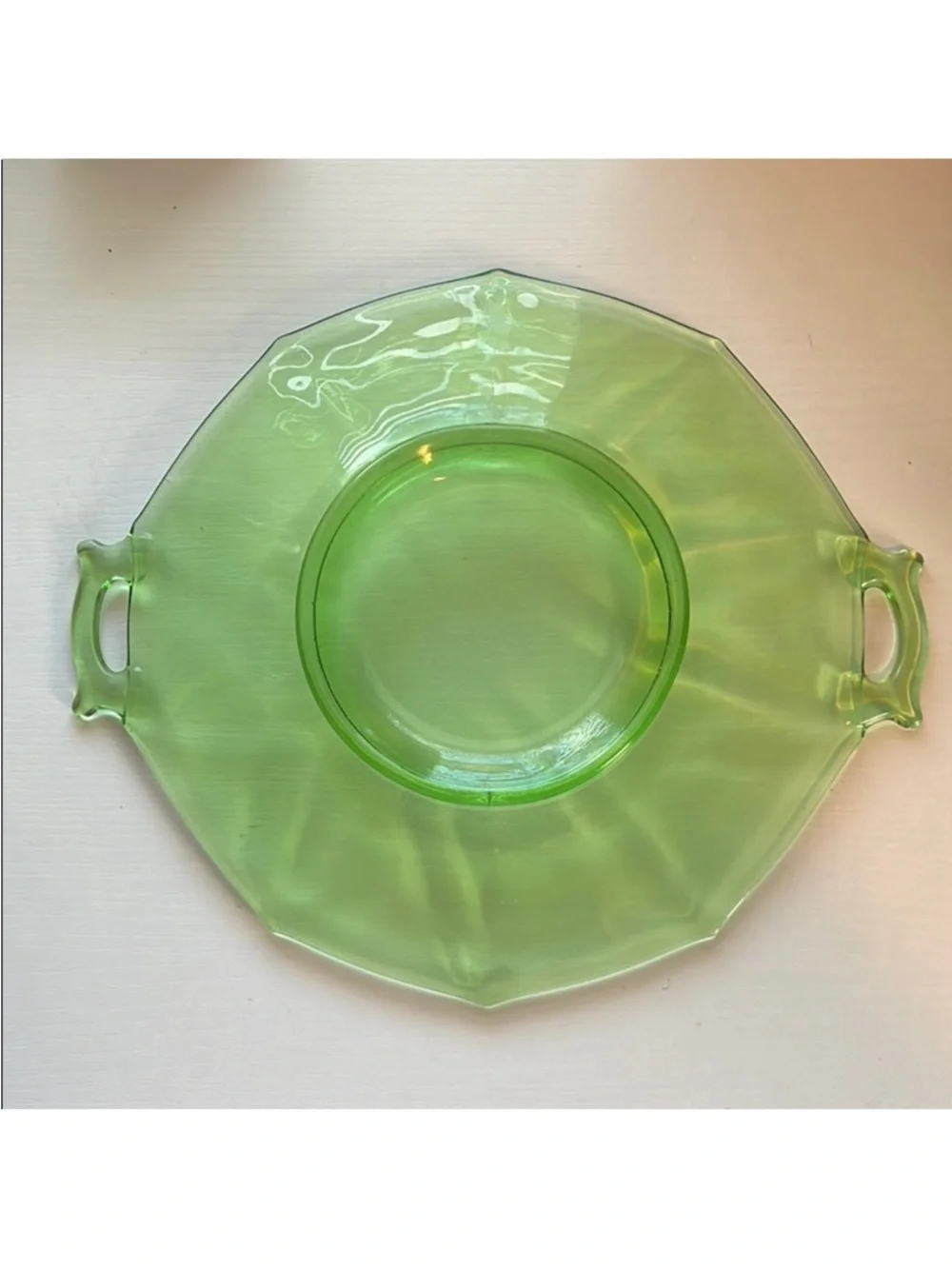 Green Vintage Depression Glass Octagonal Serving Platter With Handles